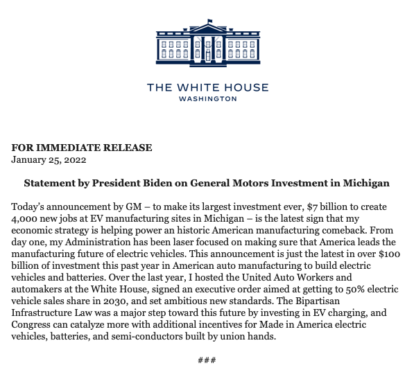 Today's announcement by @GM – to make its largest investment ever, $7 billion to create 4,000 new jobs at EV manufacturing sites in Michigan – is the latest sign that my economic strategy is helping power an historic American manufacturing comeback, says @POTUS in a statement