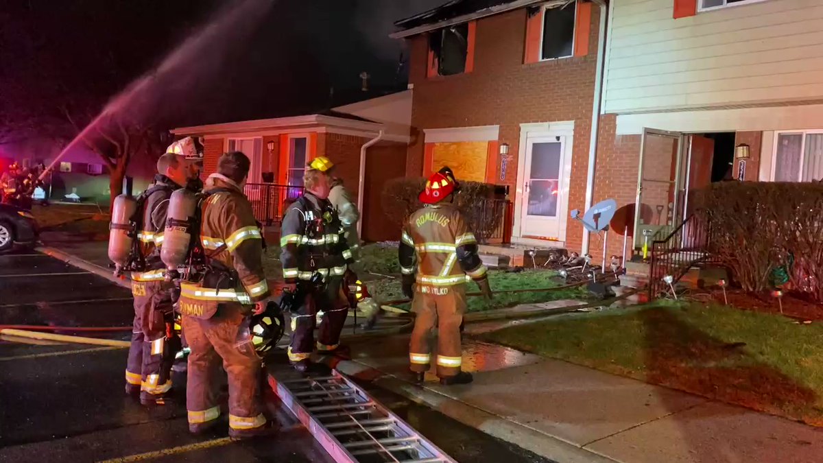 An early morning fire at the Wellesley Townhouses in Romulus destroyed multiple units. No injuries. Cause unknown but may be related to another fire here yesterday.