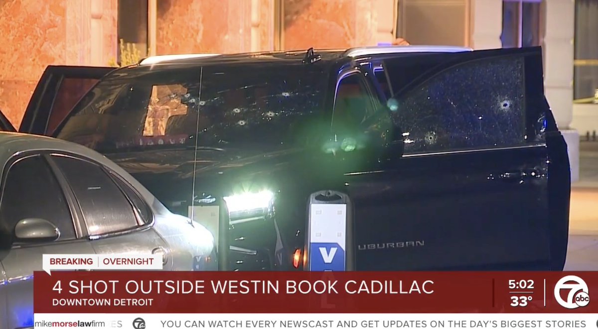 4 men struck outside Westin Book Cadillac downtown in a targeted shooting, according to @detroitpolice.   @petermaxwelltv reporting from scene one of the SUVs shot up has some 10 bullet holes in it