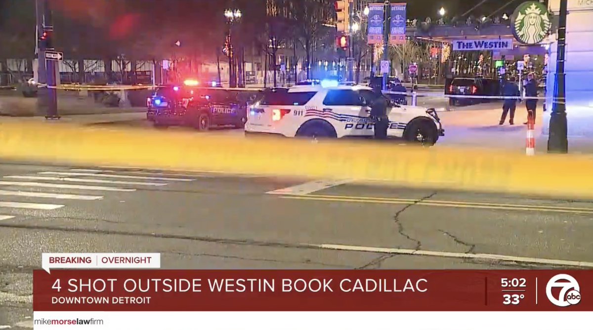 4 men struck outside Westin Book Cadillac downtown in a targeted shooting, according to @detroitpolice.   @petermaxwelltv reporting from scene one of the SUVs shot up has some 10 bullet holes in it