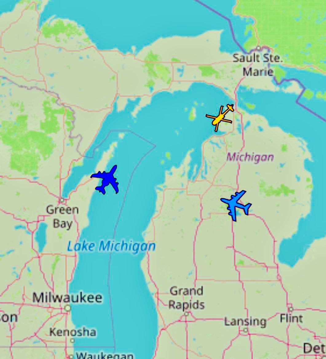 US Air Force Sentry Surveillance Aircraft, Stratotanker, and Black Hawk helicopter all spotted in vicinity of Lake Michigan