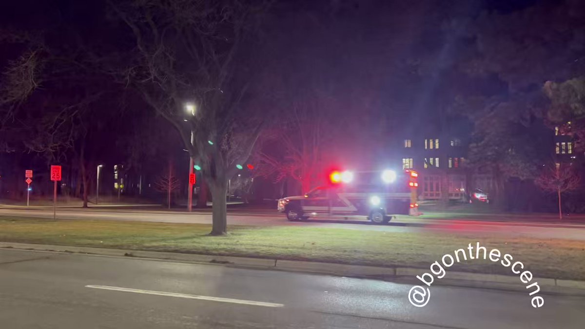 Ambulances arriving along Michigan Avenue here in East Lansing, with several victims and at least one fatality now reported from tonight's shooting at Michigan State University