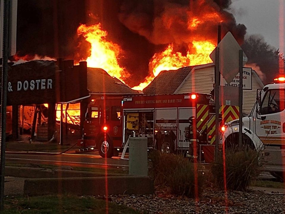 Barry Township and Delton firefighters are working to put out a fire at Smith and Doster.